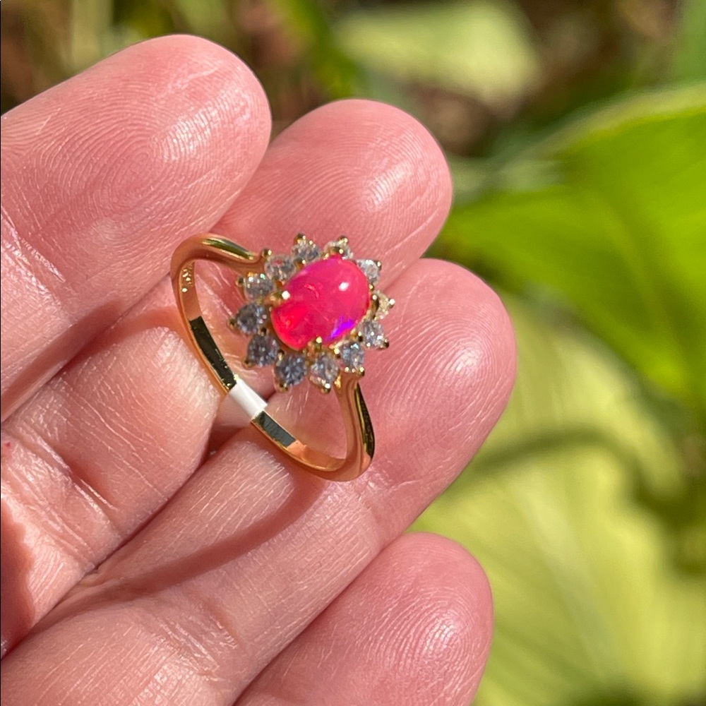 NWT Natural Pink Opal & CZ Ring 18k Gold Plated over 925 Sterling Silver Size 7